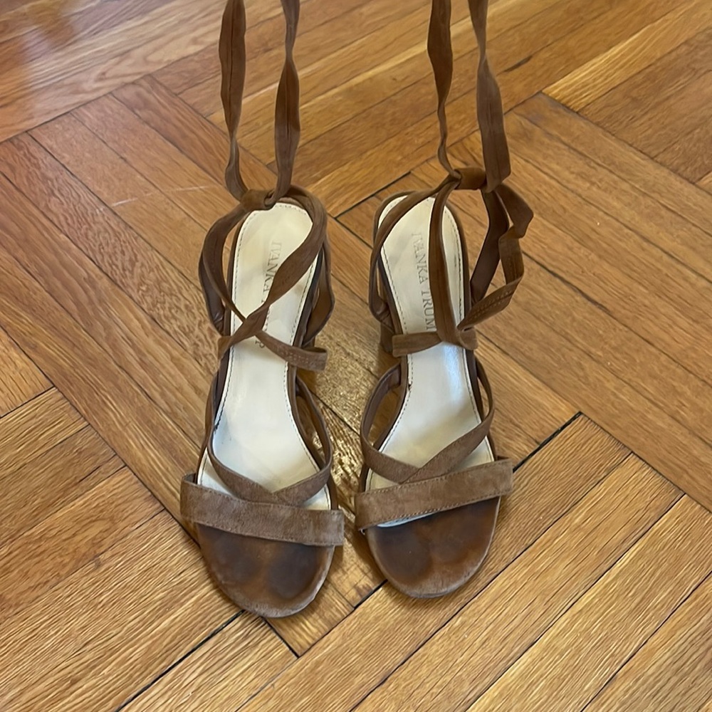 Ivanka Trump suede Tan peep toe lace up sandal heels